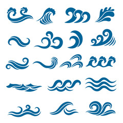 Big set of stylized ocean waves. Colored vector set