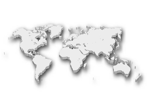 White 3D map of World with shadow isolated on white on background. EPS10 vector illustration.
