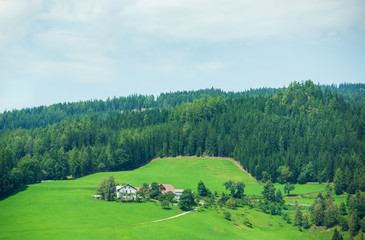 Fototapeta na wymiar Village with houses in Alpine mountains in Austria summer