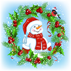 Christmas card with Snowman in Santa hat with wreath and  bullfinches