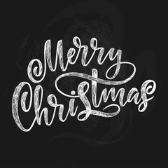 Decorative hand drawn lettering. Handwritten phrase Merry Christmas isolated on black background. Trendy vector design for xmas decor and posters