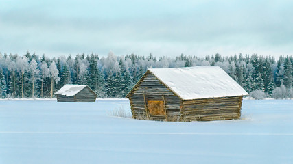 Wooden shed in winter countryside Lapland