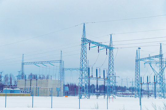 Electric Transmission Lines At Winter Rovaniemi