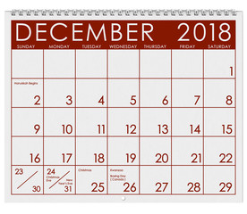 2018 Calendar: Month Of December With Christmas
