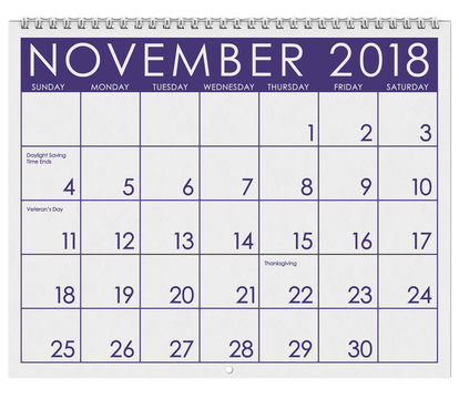 2018 Calendar: Month Of Thanksgiving With November