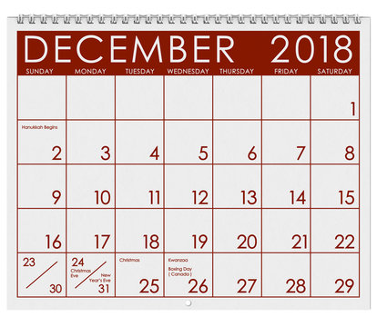 2018 Calendar: Month Of December With Christmas