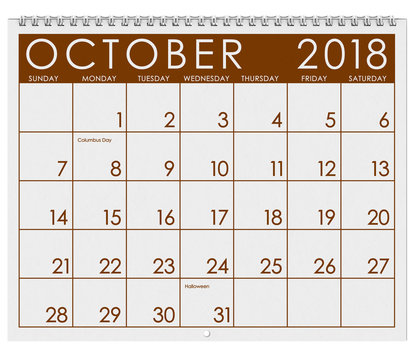 2018 Calendar: Month Of October With Halloween
