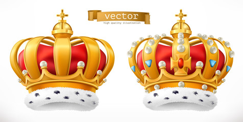 Gold crown, king. 3d realistic vector icon