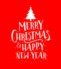 Naklejka na ściany i meble Merry Christmas and Happy New Year lettering design for greeting card, banner, poster and invitation. Vector illustration isolated on red background.