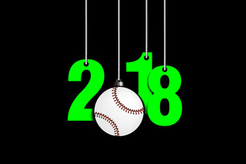 Baseballl  and 2018 hanging on strings