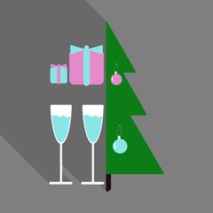 vector illustration of decorated Christmas tree with gifts and glasses