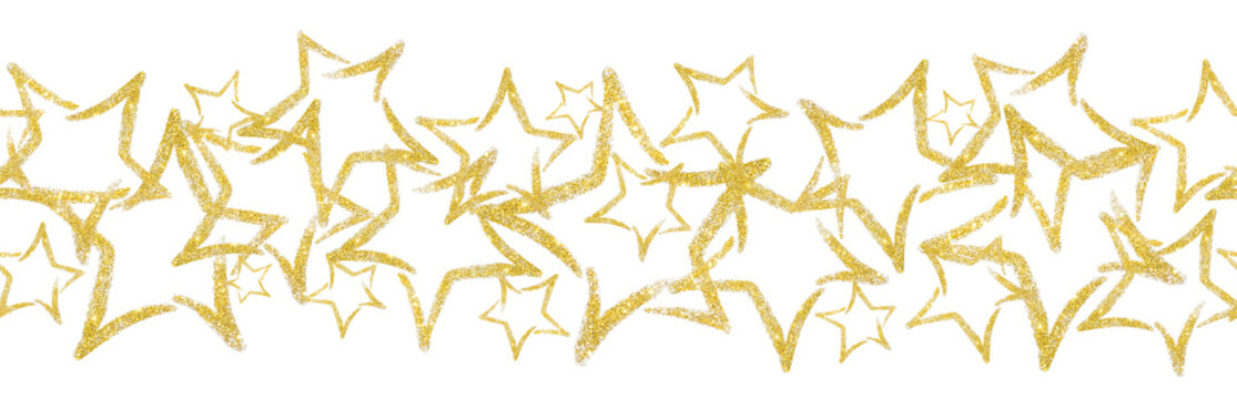 Scattered sequins in the shape of a star. Seamless border with gold glitter star. Sequins. Golden shine. Powder. Glitter. Shining symbol.