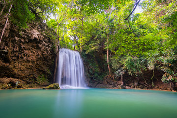 Fototapeta na wymiar Landscape photo. Waterfall beautiful in southeast asia. Erawan waterfall kanchanaburi Thailand