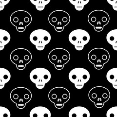 skull outline seamless pattern white on black background