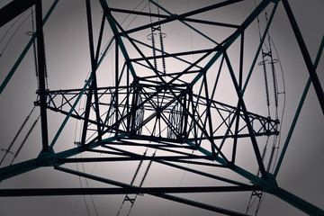 Electricity pylon to support the overhead power line captured from below