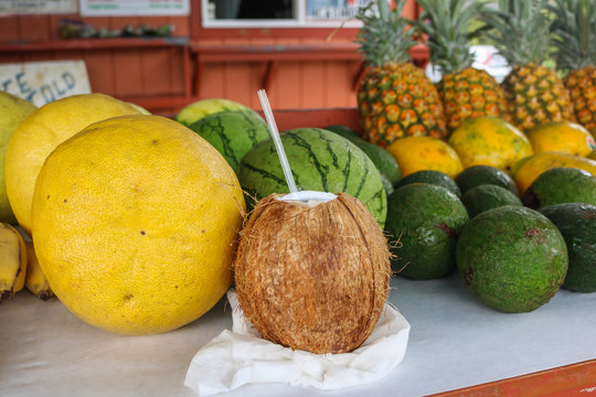 Fresh coconut and tropical fruit, Oahu, Hawaii