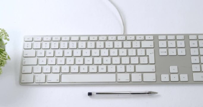Pot plant, keyboard, pen, mobile phone and lamp on white background 
