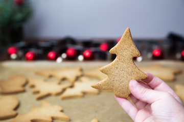 Boys hand holding a Christmas tree ginger cookie