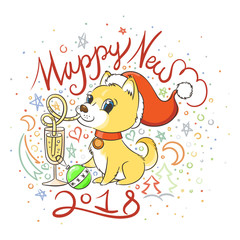 Golden dog with the champagne or lemonade and a cake. New Year symbol of 2018.