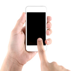 Hand holding and touch on smartphone with blank screen isolated on white background
