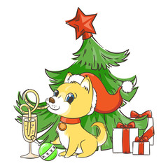 Fototapeta premium Golden dog with the champagne or lemonade and a cake. New Year symbol of 2018.