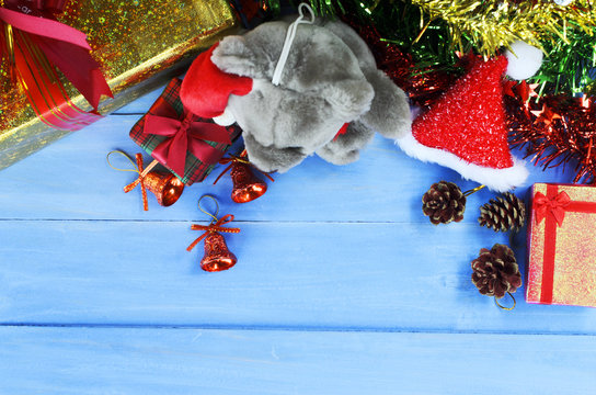 Christmas decorations with teedy and gift box backgrounds above