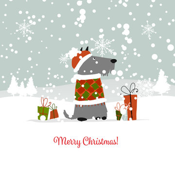 Christmas card, santa dog with gifts. Symbol of 2018