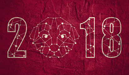 2018 new year number and symmetrical illustration of dog made in low poly triangular style.