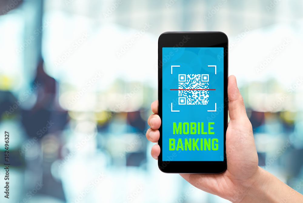 Poster hand holding mobile with mobile banking apps scan qr code on smartphone screen at cafe restaurant,di