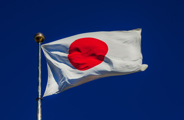 National Flag of Japan with the Red Sun waving in the wind 