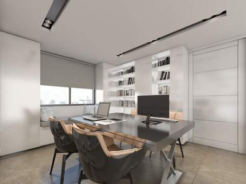 Small Office In Cozy Home , 3d Rendering