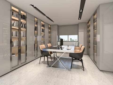 Working room with bookcase , 3d rendering