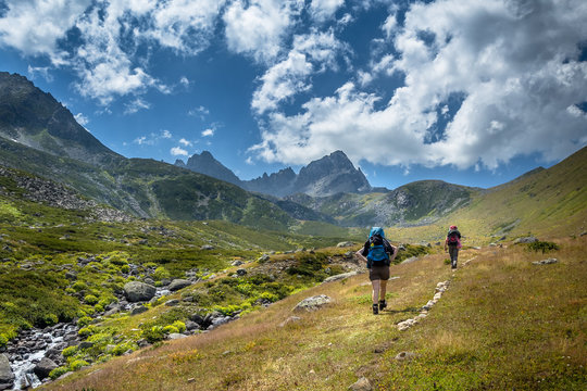 hikers with large backpacks hiking on mountain Kackarlar