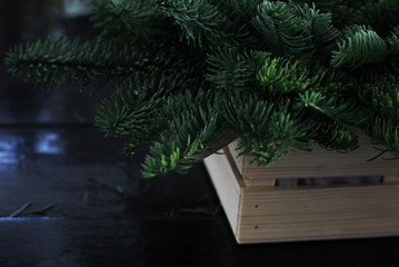 The winter composition of fir branches in wooden box
