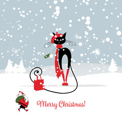 Christmas card with fashion black cat