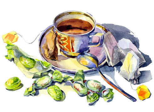 A mug of hot, tasty, fragrant, black, green tea with sweets. Still life with a plate, a cup and a spoon on the table. Green caramel. Watercolor. Illustration