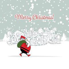 Merry christmas postcard with cityscape background