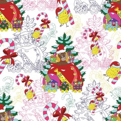 Seamless pattern with happy puppy in Santa bag with gifts and chicken with candy on white. Christmas and New Year background for greeting cards, posters, invitations