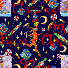 Obraz premium Seamless texture pattern with skating happy deer and gifts. Christmas and New Year background for greeting cards, posters, invitations