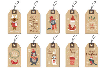 Christmas tags set, cartoon hand drawn style. Vector illustration.