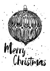 New Year greeting card design with stylized hand drawn Christmas ball illustration. Vector.