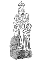 Mother Mary with Jesus Christ baby in her hands. Mother of God with a child. The Nativity or the Birth of the Blessed Jesus Christ. Blackwork adult flesh tattoo concept. Vector.