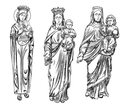 Set of Nativity scene with Holy Mother Christmas card. Saint Mary with the baby Jesus. Birth of Christ. Nativity Christmas graphics design elements. Blackwork adult flesh tattoo concept. Vector.
