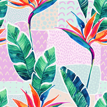 Fototapeta Watercolor tropical flowers on geometric background with doodles.