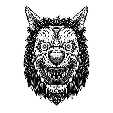 Angry smiling cunning wolf mascot head. Werewolf blackwork tattoo flash concept isolated on white. Detailed wolf face with scary eyes illustration. Vector.