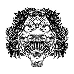 Scary cartoon clown illustration. Blackwork adult flesh tattoo concept. Horror movie zombie clown face character. Vector.