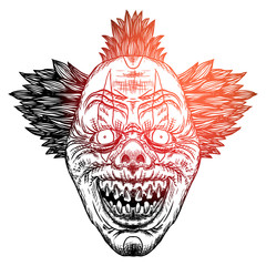 Fototapeta premium Devil clown head illustration. Nightmare inspired satanic influence clown face with mohawk, dark twist face gesture. Possessed by demon smiling mascot. Blackwork adult flesh tattoo concept. Vector.