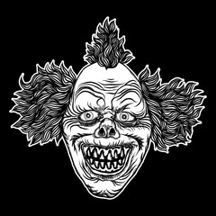Halloween devil scary clown front head. Smiling clown monster with big eyes and wide angry smile. Blackwork adult tattoo flash line style and poster, print, t-shirt concept design. Vector.