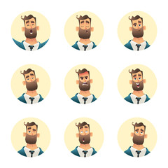 Businessman emotion collection. Man avatar set. Cartoon style illustration.