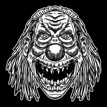 Evil scary clown monster with big nose and sharp teeth. Blackwork adult flesh tattoo concept. Horror cartoon illustration isolated on black background. Laughing angry insane joker head. Vector.